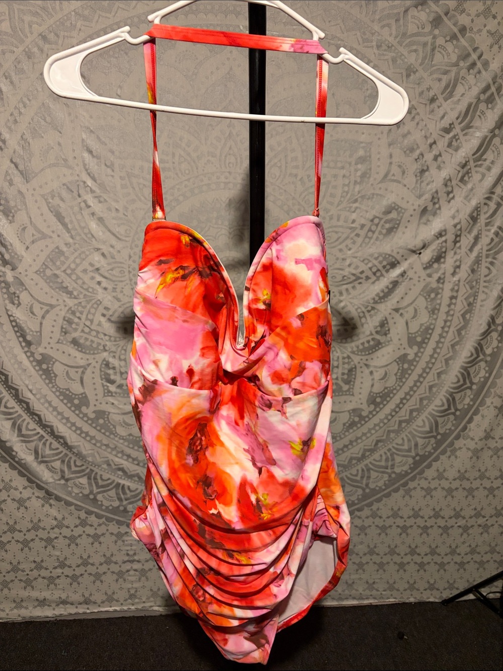 Simply Swim Floral Ruched One Piece Swimsuit Plus 22W Pink Orange Halter NWT